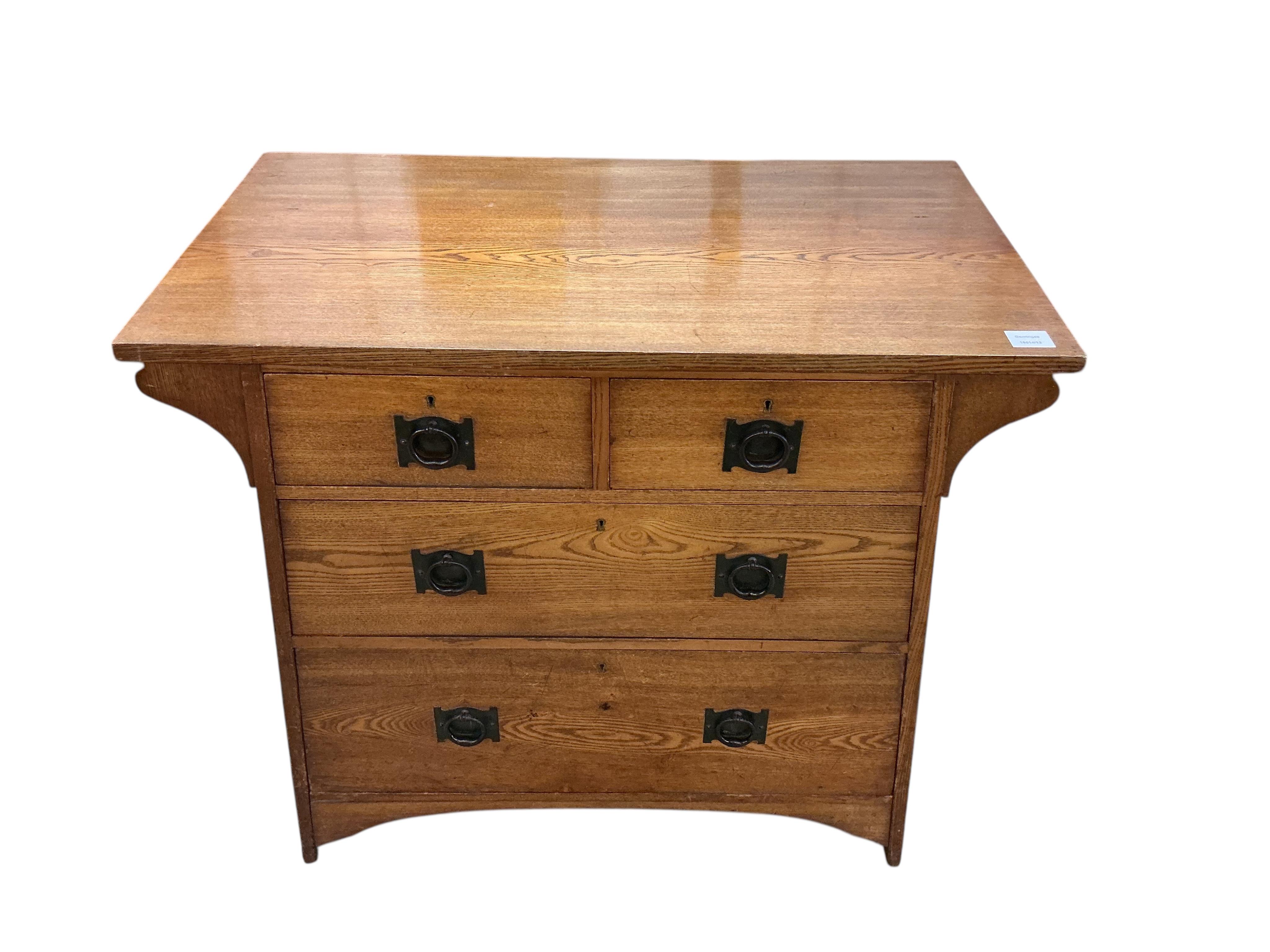 A Liberty style Arts & Crafts oak chest of four drawers, width 91cm, depth 52cm, height 84cm